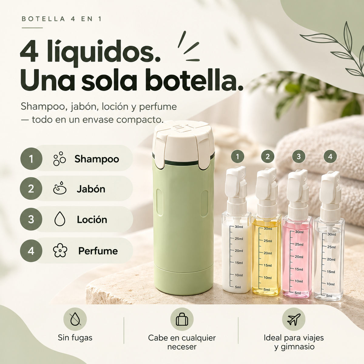 Dispensador de Viaje 4 en 1 | Botellas Recargables para Gym y Viajes