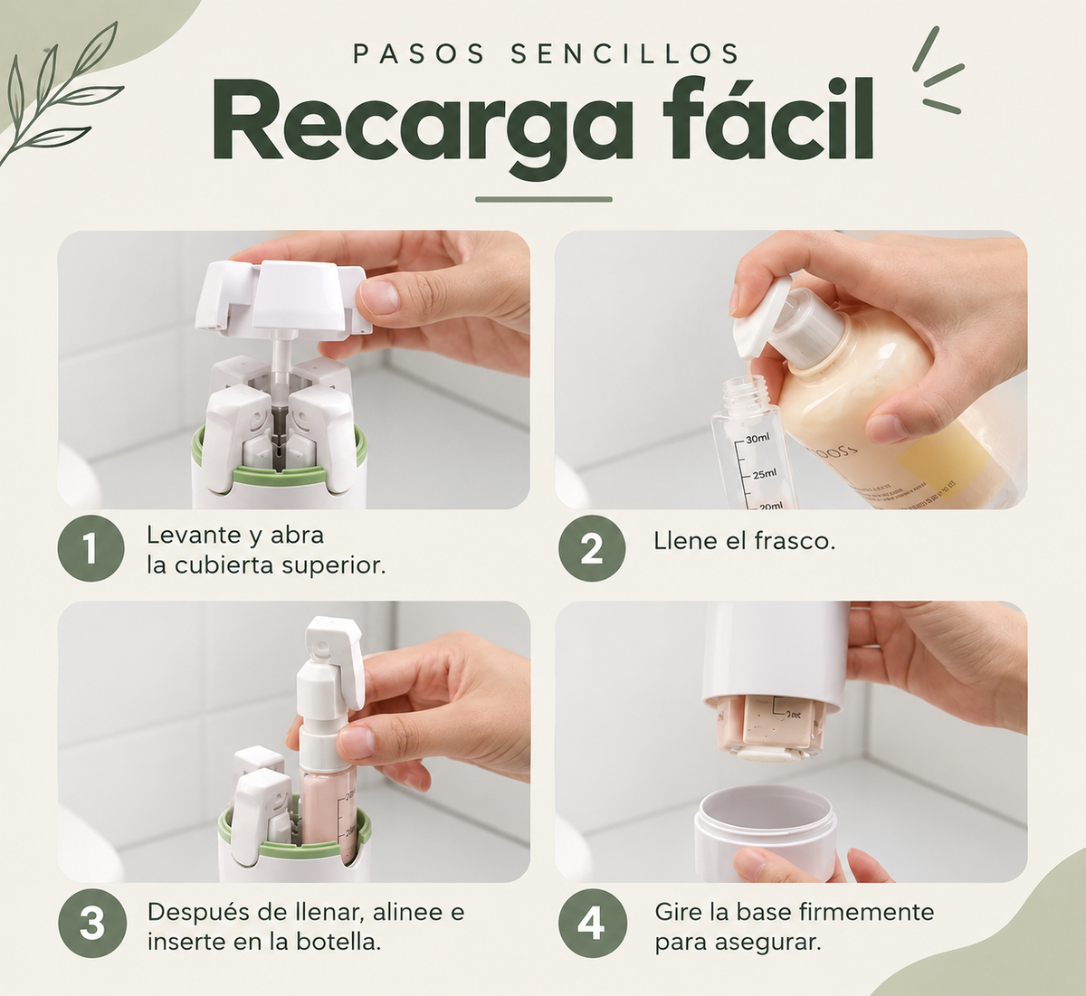 Dispensador de Viaje 4 en 1 | Botellas Recargables para Gym y Viajes