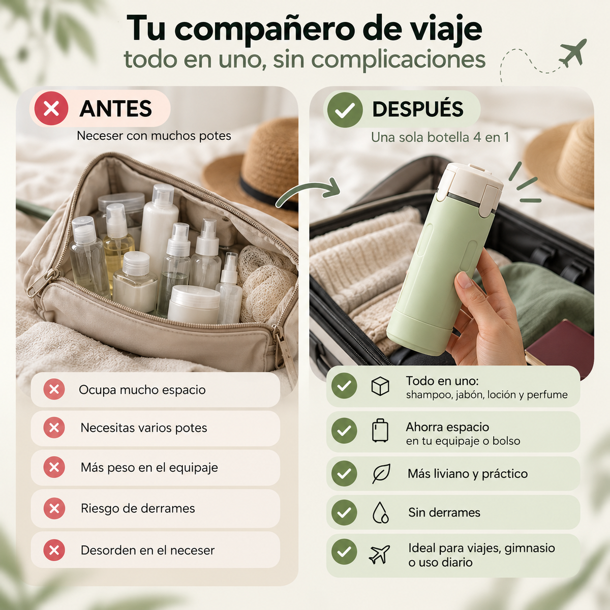 Dispensador de Viaje 4 en 1 | Botellas Recargables para Gym y Viajes